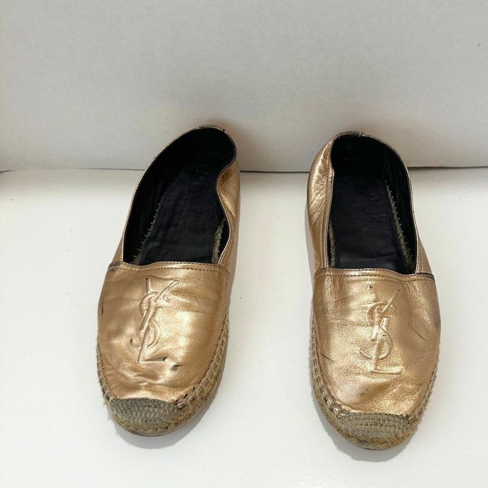 YSL Saint Laurent Pink Metallic Leather Espadrilles 38